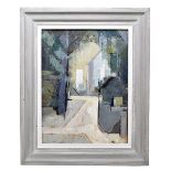 PRUE PARDUE; oil on artist's board, 'Buildings Through Trees', signed, inscribed on label verso,