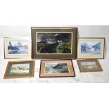 D. ROWE; watercolour depicting a forest, with two further watercolours and three prints.