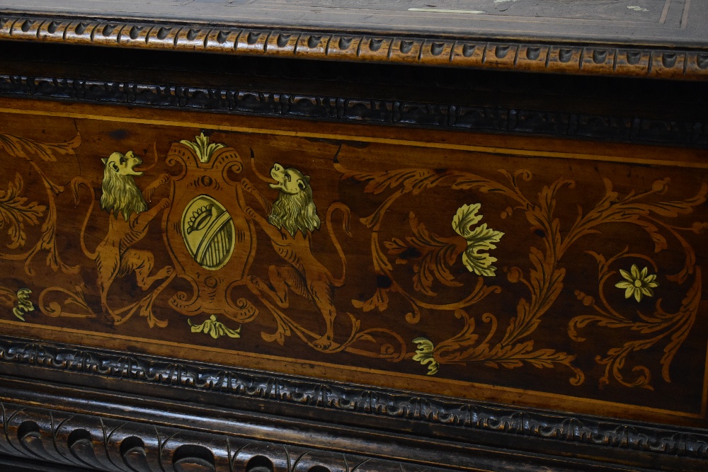 A 19th century Italian carved oak, marquetry and ivory inlaid cassone, the top and front panel - Image 6 of 7