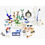 A collection of decorative glass figures and animals including Murano glass examples, also a similar