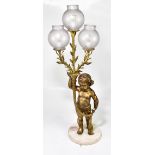 A modern gilt metal and composition figures table lamp, modelled as a cherub, with three frosted