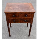 An early Victorian mahogany work table with hinged lid, above one faux and one real drawer raised on