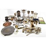 An assortment of 19th century and later silver plate including a twin handled tray with gadrooned