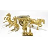 A brass figure of horse and cart, together with a pair of brass rearing horse figures and a brass