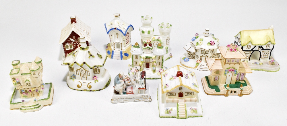 COALPORT; a collection of ten model houses and a pastille burner, including Red House, with a German