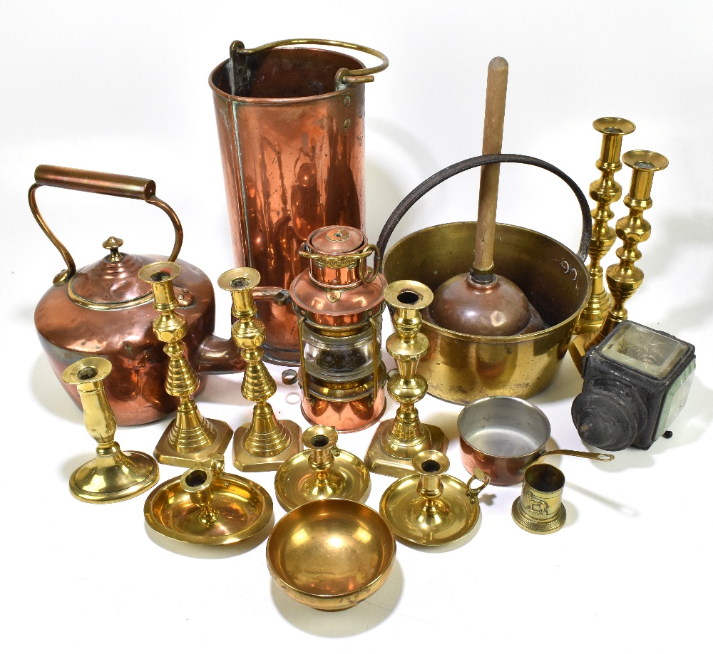 A selection of 19th century and later brass and copperwares to include a copper kettle, height 31cm,