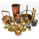 A selection of 19th century and later brass and copperwares to include a copper kettle, height 31cm,