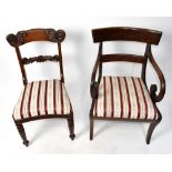 A set of five 19th century mahogany bar back dining chairs and a Regency mahogany open arm elbow