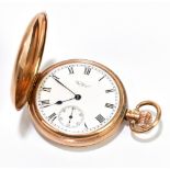 WALTHAM; a 9ct yellow gold full hunter crown wind pocket watch, the enamel dial set with Roman