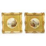 JAMES STINTON FOR ROYAL WORCESTER; a pair of hand painted circular plaques decorated with scenes