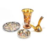 ROYO; four pieces of enamel decorated glassware including a trumpet vase, two dishes and a carafe,