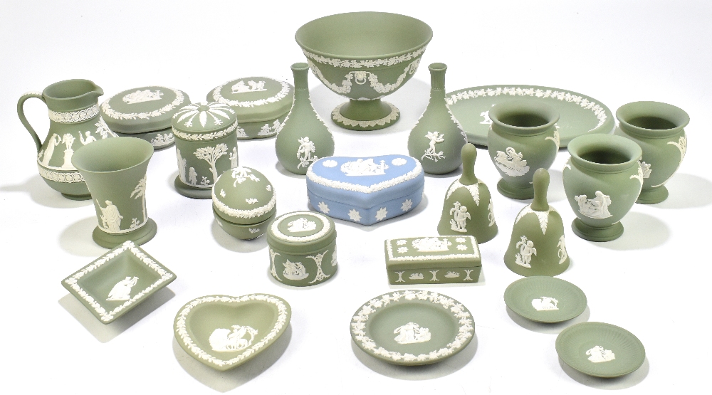 WEDGWOOD; a collection of green jasperware including a pedestal bowl, a jug, a pair of vases, an