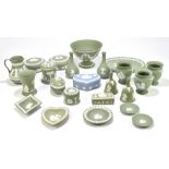 WEDGWOOD; a collection of green jasperware including a pedestal bowl, a jug, a pair of vases, an