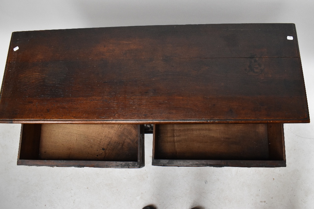 A 1920’s oak dresser base, of 17th century style, with two fielded drawers, on turned and block - Bild 3 aus 5
