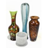 Two Monart type vases, the taller 30cm, with a Murano brown and green glass vase and a marbled