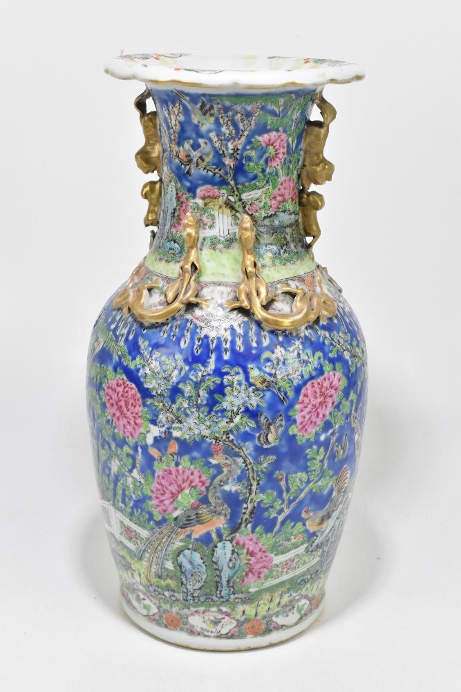 A 19th century Chinese Famille Rose porcelain vase, with moulded handles and applied creatures, - Image 2 of 3