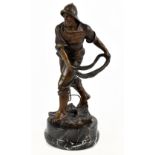 ANTOINE BOWFILL (fl 1895-1921); a bronze figure of a fisherman, on veined marble base, signed,