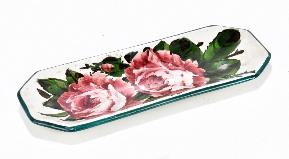 WEMYSS WARE; a rectangular pin tray decorated in the 'Cabbage Rose' pattern with printed marks for