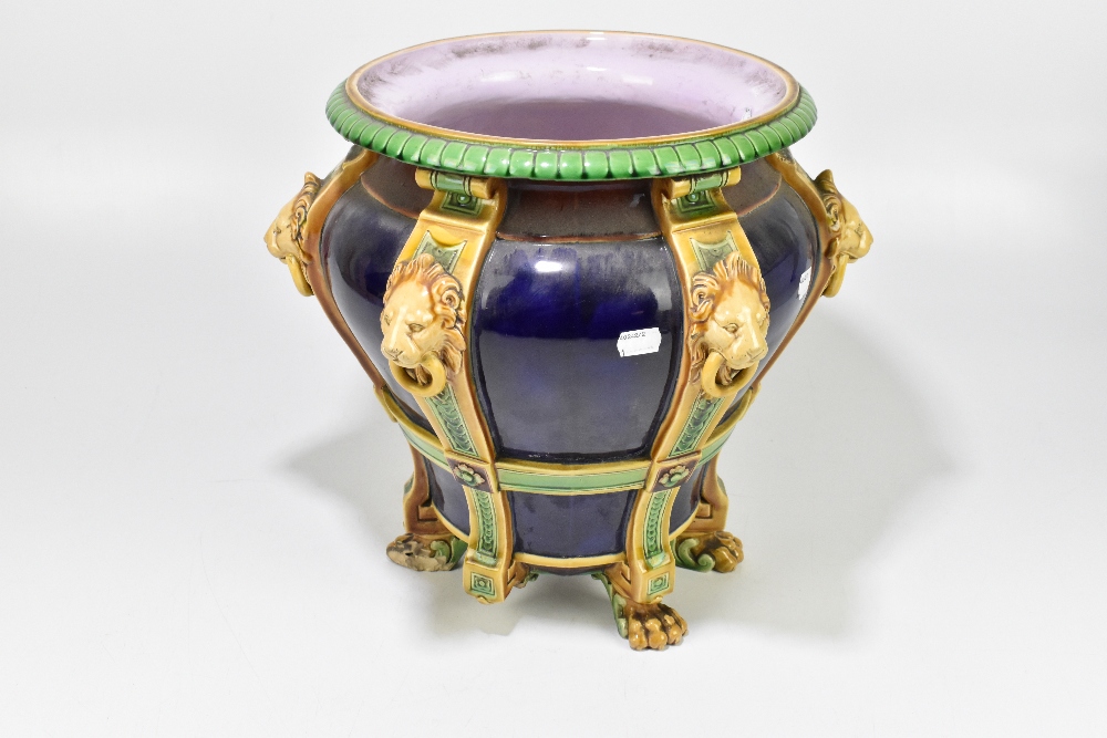 MINTON; a 19th century majolica jardinière moulded with six vertical straps, each with lion mask - Bild 3 aus 6