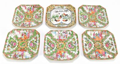 A group of five early 20th century Chinese Canton Famille Rose square section plates, width 19cm,