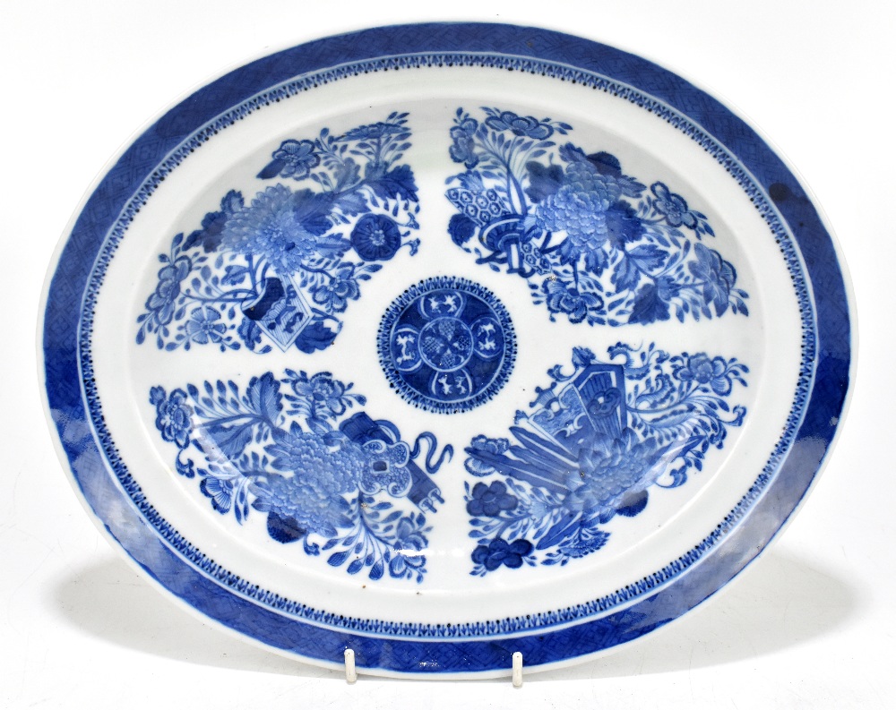 A Chinese Qianlong Period blue and white oval platter decorated in the 'Fitzhugh' pattern, length