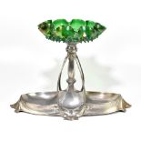 An Art Nouveau polished pewter centrepiece in the manner of WMF, with iridescent moulded glass