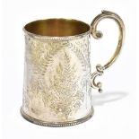 MAPPIN & WEBB; a Victorian hallmarked silver christening mug with bright cut floral decoration