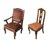 An 18th/19th century Continental walnut chair, on cabriole legs with another similar with arms (2).