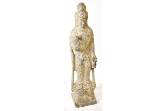 A large carved stone figure of Guanyin, on lotus leaf base, height 105cm.  Provenance: private - Image 1 of 5