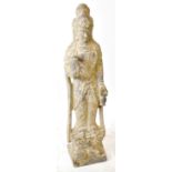 A large carved stone figure of Guanyin, on lotus leaf base, height 105cm.  Provenance: private