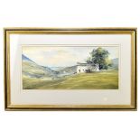 BRIAN IRVING; watercolour cattle, beside barn in landscape, signed, 24x53cm, framed and glazed.