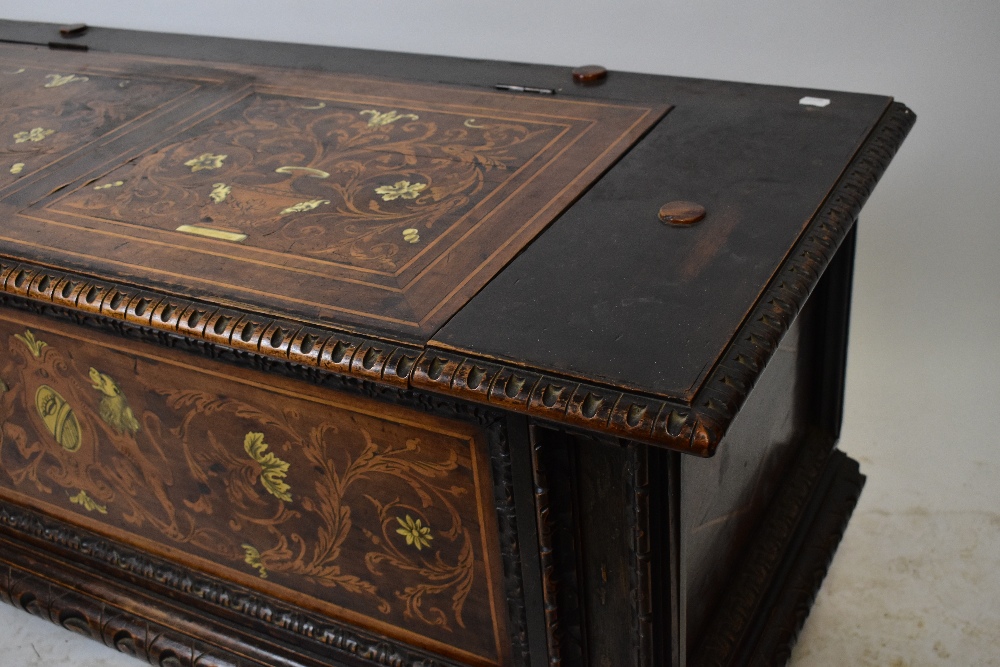 A 19th century Italian carved oak, marquetry and ivory inlaid cassone, the top and front panel - Image 2 of 7