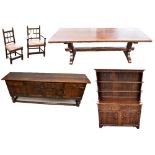 A good reproduction oak dining suit comprising rectangular refectory table, 221 x 81cm, a set of