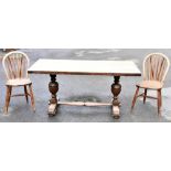 An early 20th century oak rectangular refectory table, 152 x 73cm, and a set of four elm seated comb