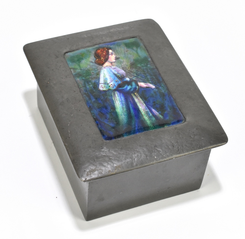 LIBERTY & CO; a pewter and enamelled trinket box, no.0586, the hinged lid set with rectangular