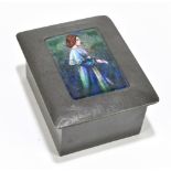 LIBERTY & CO; a pewter and enamelled trinket box, no.0586, the hinged lid set with rectangular