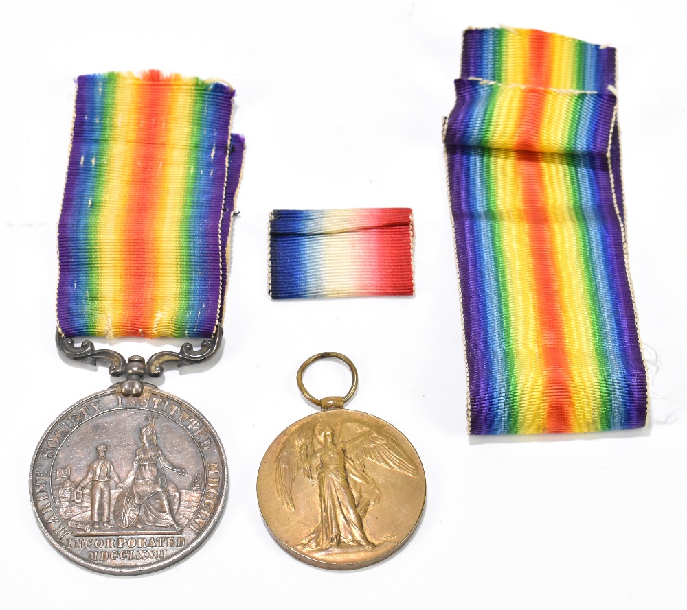 A Marine Society medal awarded to Percy Lane, 16th June 1898, together with a WWI Victory Medal