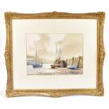 DON MICKLETHWAITE; watercolour, moored boats in harbour scene, signed lower right, 28 x 37cm, in