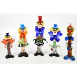 A collection of five Murano glass clowns, the tallest with a red hat 42.5cm. Additional