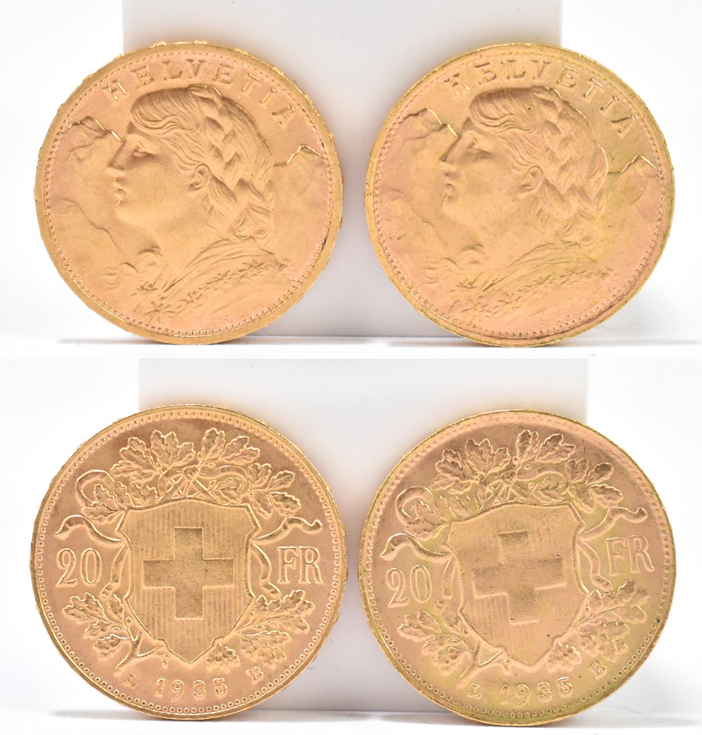 SWITZERLAND; two Helvetia twenty francs gold coins, 1935, approx weight 13g (2). Additional