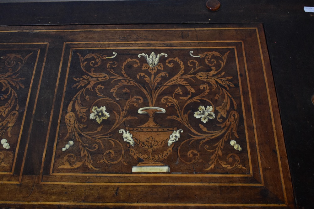 A 19th century Italian carved oak, marquetry and ivory inlaid cassone, the top and front panel - Image 4 of 7