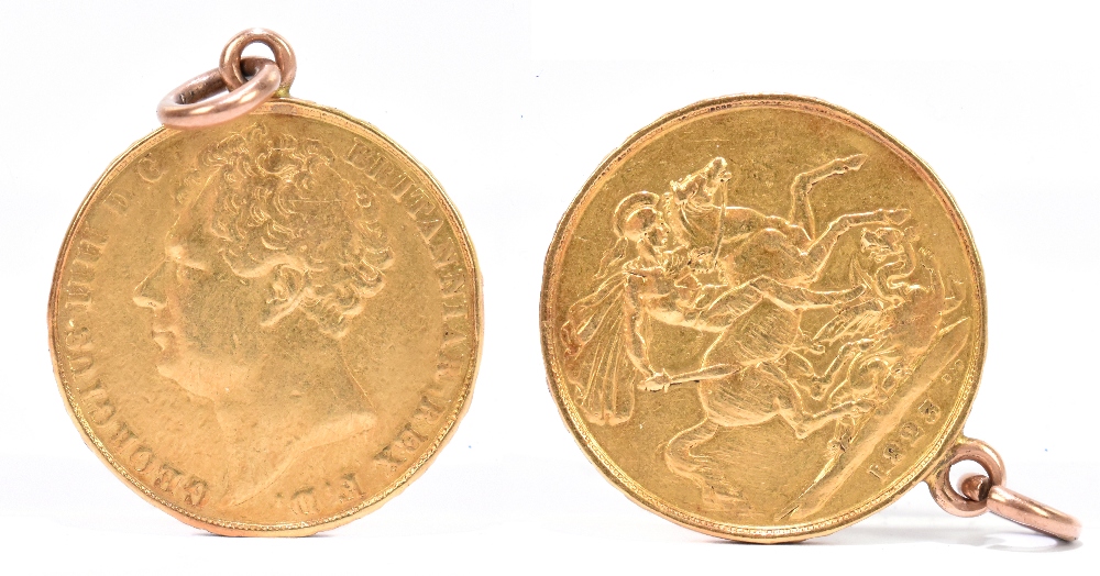 A George IV double sovereign, 1823, with applied suspension loop.Additional InformationDenting to