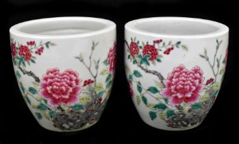 A pair of 19th century Chinese Famille Rose jardinières, decorated with butterflies and blossoming
