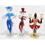 A near pair of Murano glass figures, in red, blue and white, tallest 34cm, and a twin branch figures
