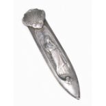 An Austrian Art Nouveau bookmark decorated with a pensive figure to the front, stamped 'Argent',