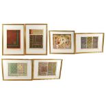 Six framed chromolithograph prints of carpets including gold embroidered velvet carpet, a floor