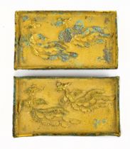 Two Chinese Tang Dynasty gilt bronze belt ornaments, each approx. 7 x 4cm. Provenance: private
