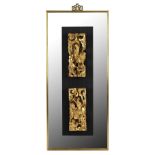 Two gilded carved and pierced rectangular wooden plaques, now mounted and set on a mirror, each of