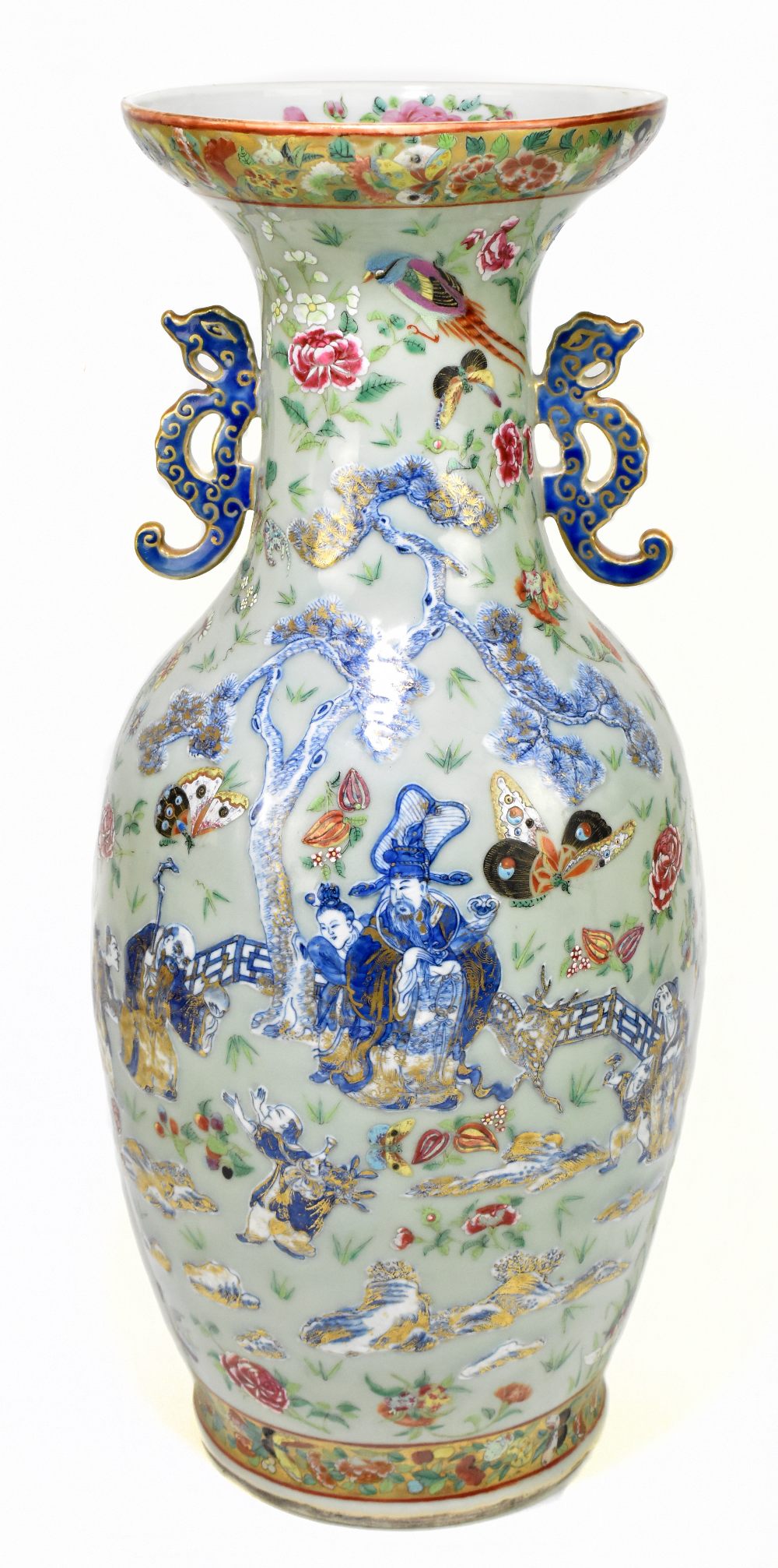 A large Chinese 19th century Canton Famille Rose enamel painted baluster vase with twin pierced