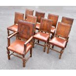 A part set of nine 1920’s oak dining chairs in the late 17th century style, including one with arms,